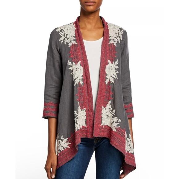 Johnny Was Camille Draped Navy Blue Floral Open Cardigan Duster Medium Boho - Picture 2 of 10